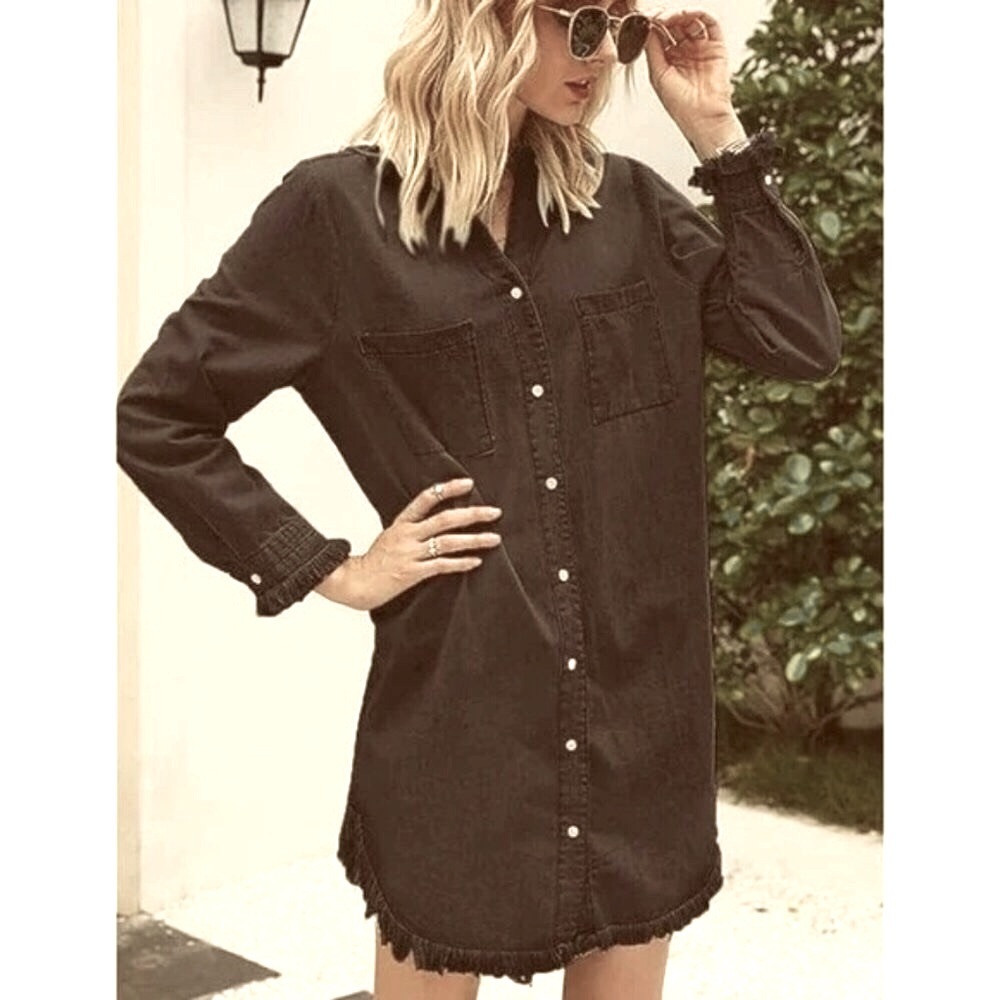 NWT ZILCREMO Frayed Edges Denim Shirt Mini Dress Long Sleeve Dark Olive M